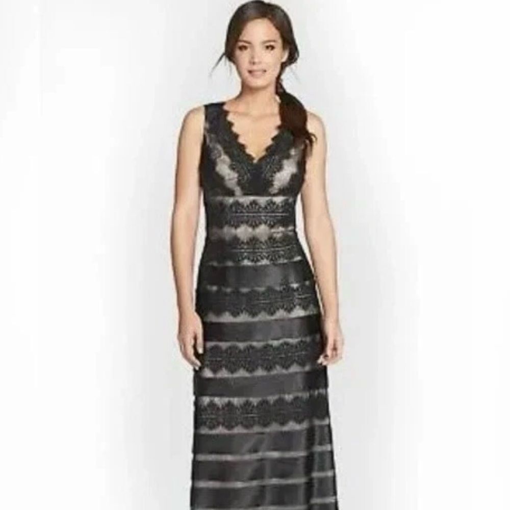 JS COLLECTIONS Black Beige Satin Overlay Mesh Lace Stripe cocktail Dress size 6